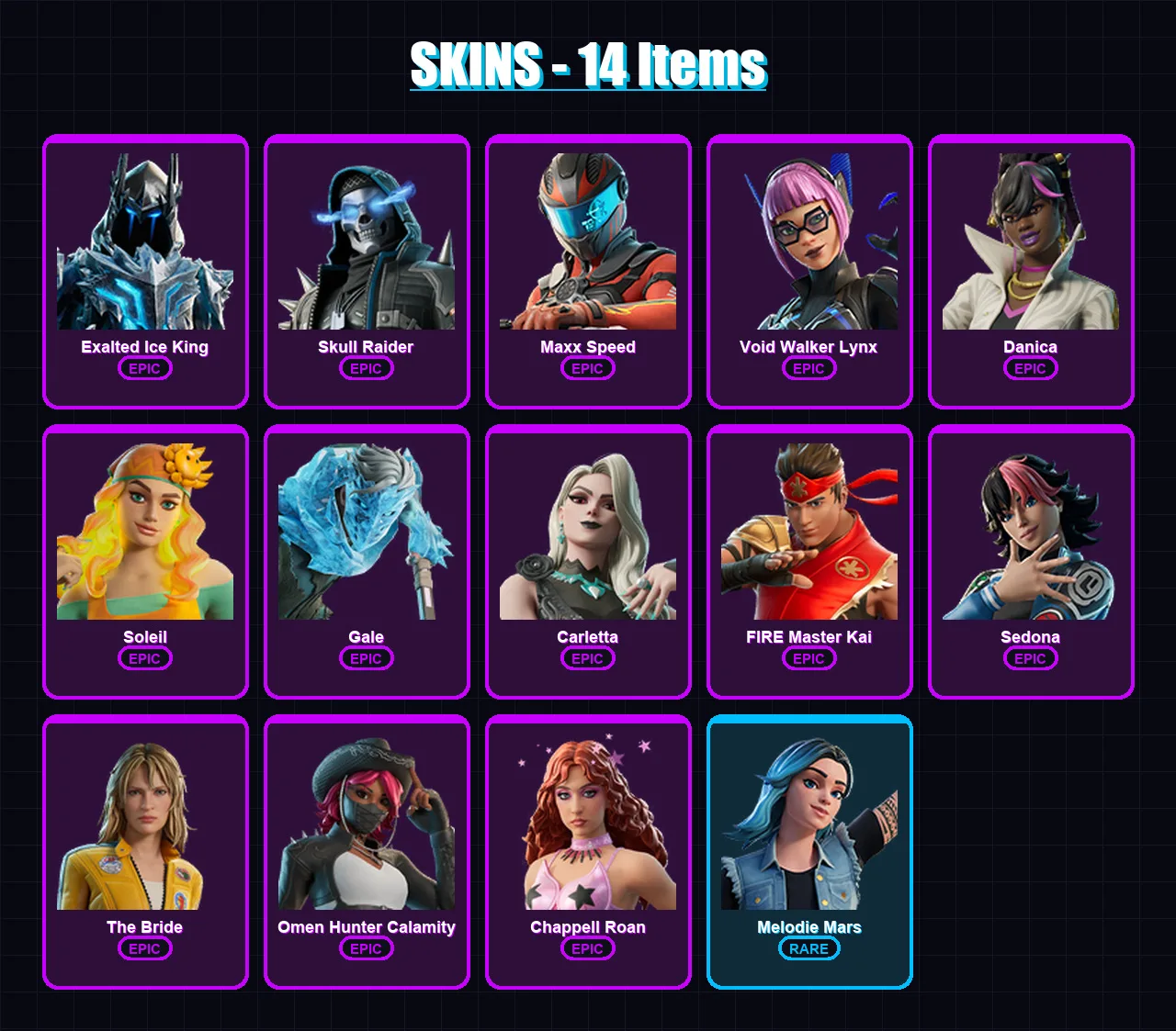 [PC/PSN] | Exalted Ice King | Skull Raider | Maxx Speed | Void Walker Lynx | Danica | 14 skin | 7 pickaxe | 1 emote | 1 glider | Lv10 — Fortnite account