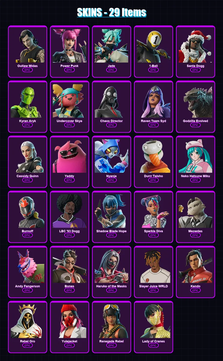 [PC/PSN] | Outlaw Midas | Power Punk | Jade | 1-Ball | Santa Dogg | 29 skin | 42 pickaxe | 21 emote | 20 glider | Lv122