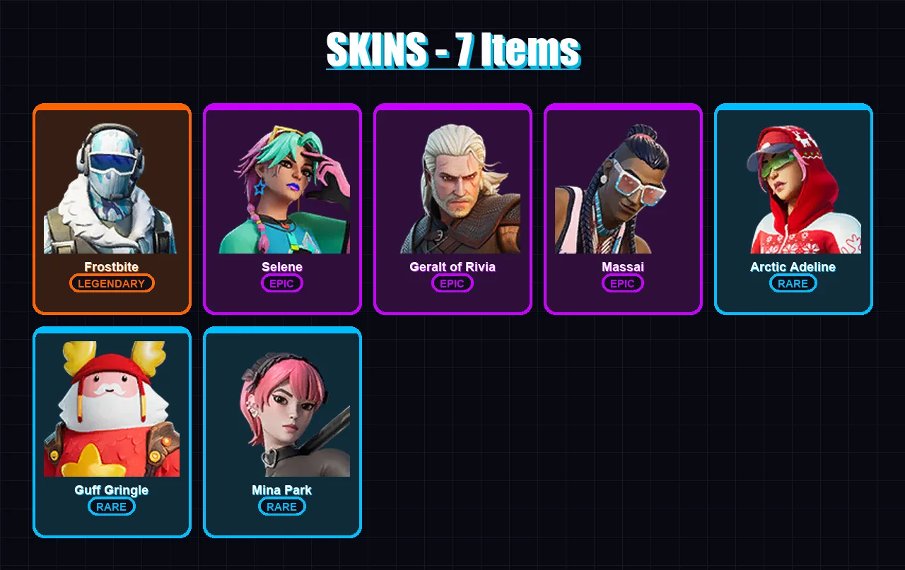 [SWITCH/XBOX/PSN/PC] | Frostbite | Selene | Geralt of Rivia | Massai | Arctic Adeline | 7 skin | 13 pickaxe | 14 emote | 14 glider | Lv170