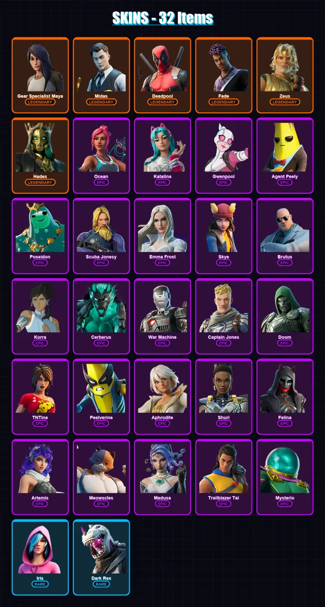 [PC/XBOX/PSN] | Gear Specialist Maya | Midas | Deadpool | Fade | Zeus | 32 skin | 44 pickaxe | 48 emote | 35 glider | Lv576 — Fortnite account