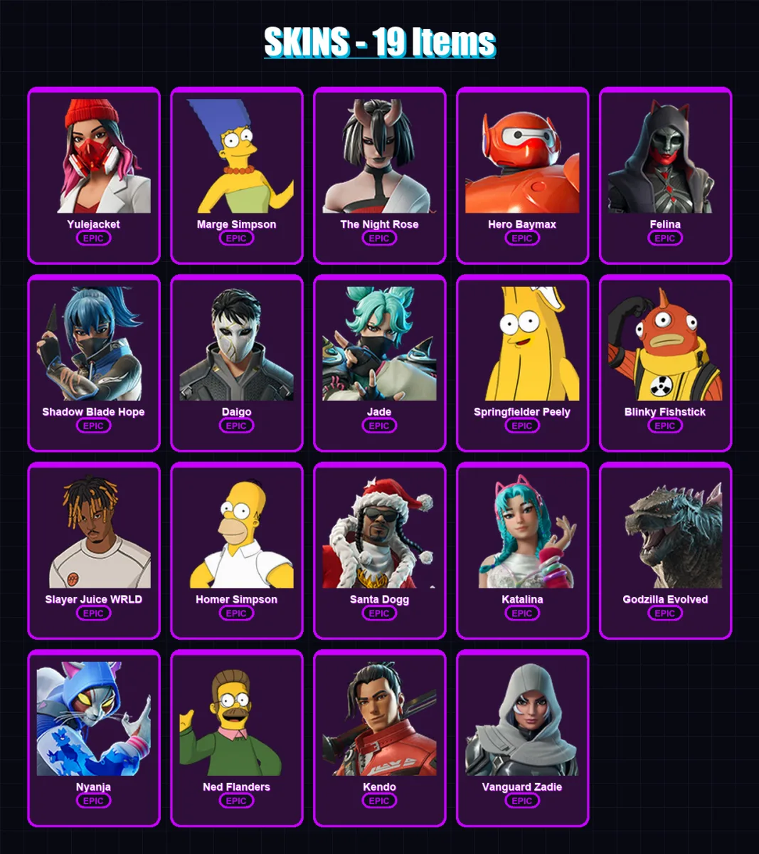 [PC/XBOX/PSN] | Yulejacket | Marge Simpson | The Night Rose | Hero Baymax | Felina | 19 skin | 66 pickaxe | 30 emote | 47 glider | Lv902