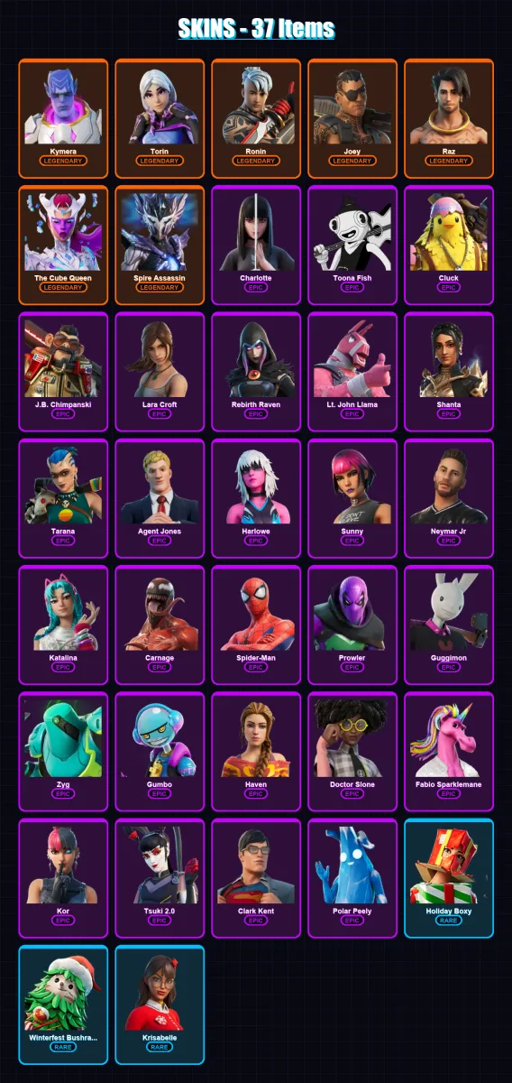 [PC/XBOX/PSN] | Kymera | Torin | Ronin | Joey | Raz | 37 skin | 50 pickaxe | 29 emote | 50 glider | Lv659