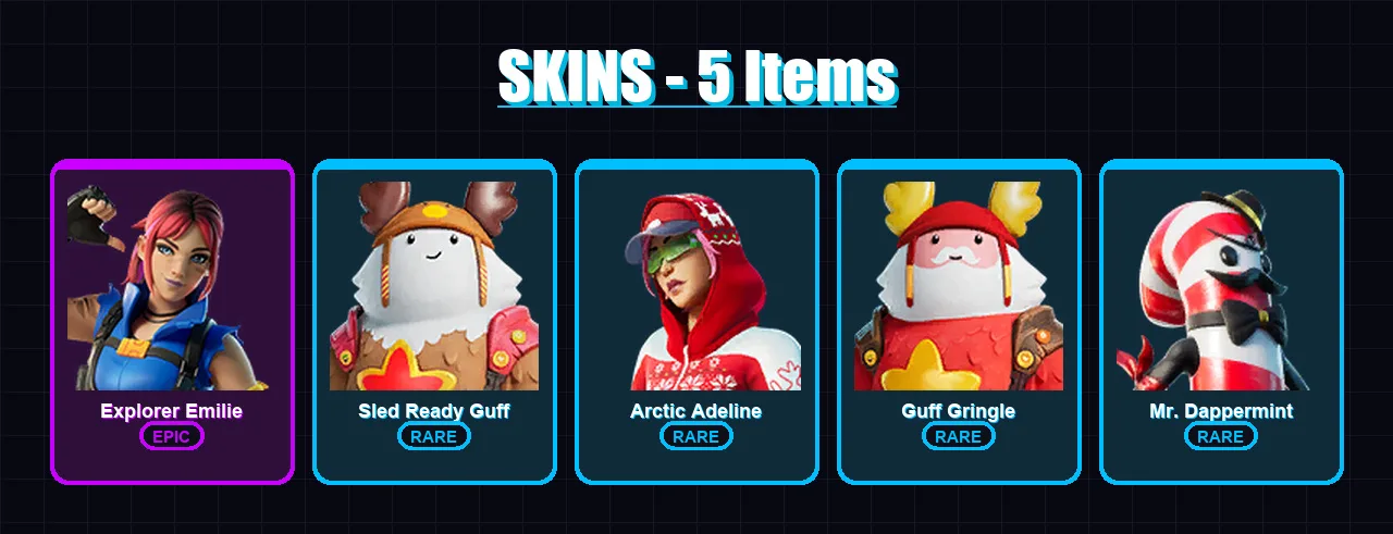 [PC/PSN] | Explorer Emilie | Sled Ready Guff | Arctic Adeline | Guff Gringle | Mr. Dappermint | 5 skin | 4 pickaxe | 3 emote | 5 glider | Lv43
