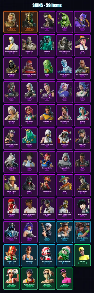[PS4/PS5/PC] | Zeus | Hades | Midsummer Midas | Peabody | Valentina | 59 skin | 136 pickaxe | 59 emote | 78 glider | Lv1520