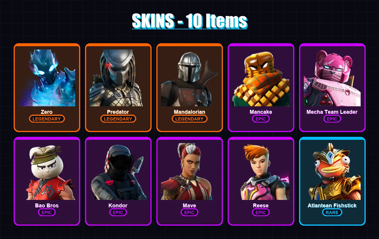 [PC/XBOX/PSN] | Zero | Predator | Mandalorian | Mancake | Mecha Team Leader | 10 skin | 12 pickaxe | 13 emote | 12 glider | Lv131