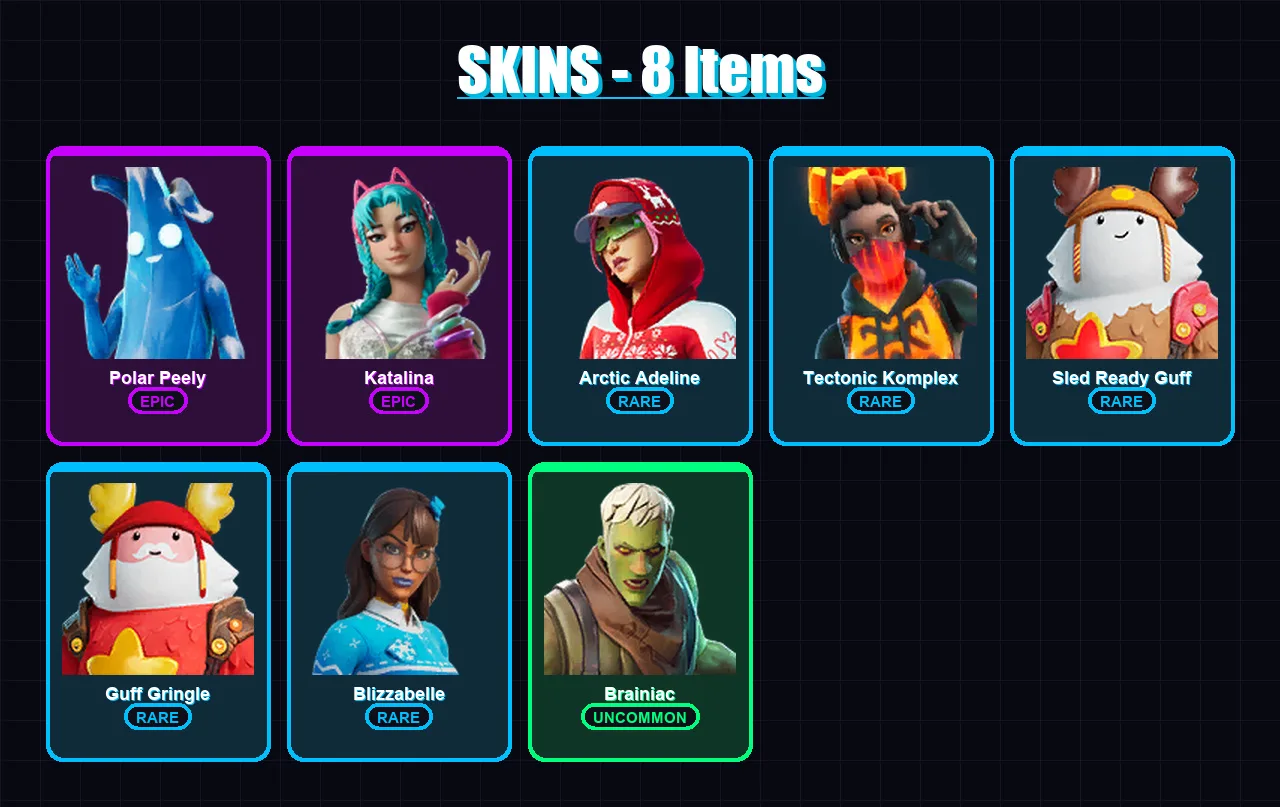 [PC/XBOX/PSN] | Polar Peely | Katalina | Arctic Adeline | Tectonic Komplex | Sled Ready Guff | 8 skin | 24 pickaxe | 14 emote | 21 glider | Lv292