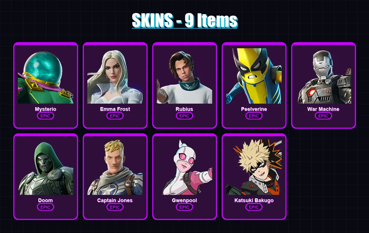 [PC/XBOX/PSN] | Mysterio | Emma Frost | Rubius | Peelverine | War Machine | 9 skin | 22 pickaxe | 20 emote | 18 glider | Lv203