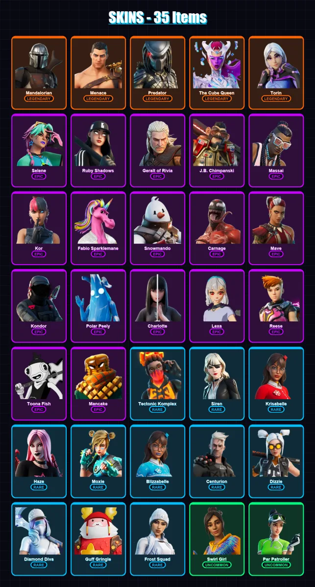 [PC/XBOX/PSN] | Mandalorian | Menace | Predator | The Cube Queen | Torin | 35 skin | 56 pickaxe | 40 emote | 50 glider | Lv1071