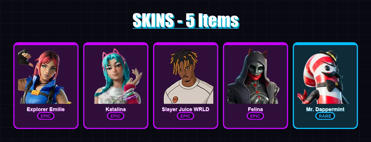 [PS4/PS5/XBOX/PC] | Explorer Emilie | Katalina | Slayer Juice WRLD | Felina | Mr. Dappermint | 5 skin | 16 pickaxe | 8 emote | 11 glider | Lv172