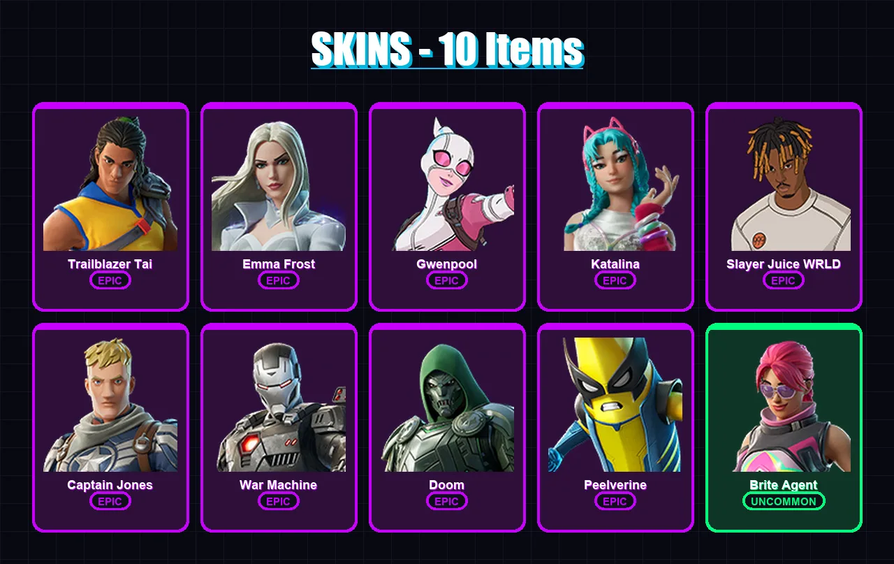 [PC/XBOX/PSN] | Trailblazer Tai | Emma Frost | Gwenpool | Katalina | Slayer Juice WRLD | 10 skin | 11 pickaxe | 11 emote | 11 glider | Lv88 — Fortnite account