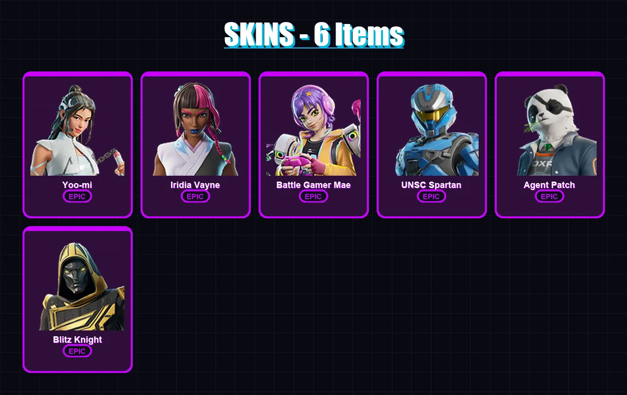[PS4/PS5/XBOX/PC] | Yoo-mi | Iridia Vayne | Battle Gamer Mae | UNSC Spartan | Agent Patch | 6 skin | 36 pickaxe | 15 emote | 19 glider | Lv272