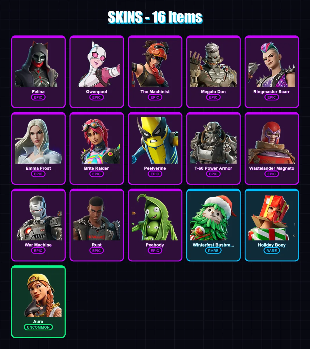 [PC/XBOX/PSN] | Felina | Gwenpool | The Machinist | Megalo Don | Ringmaster Scarr | 16 skin | 37 pickaxe | 27 emote | 33 glider | Lv667