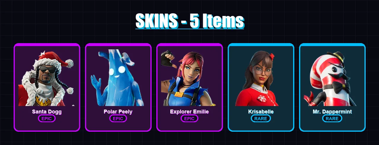 [PC/XBOX/PSN] | Santa Dogg | Polar Peely | Explorer Emilie | Krisabelle | Mr. Dappermint | 5 skin | 5 pickaxe | 3 emote | 3 glider | Lv14