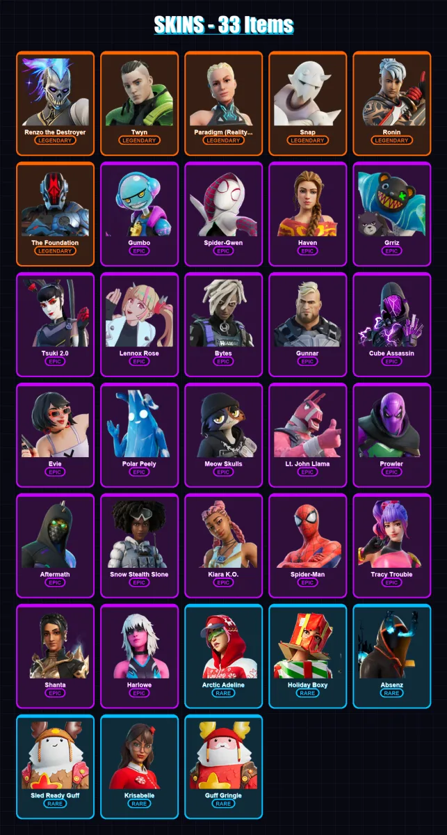 [PC/XBOX] | Renzo the Destroyer | Twyn | Paradigm (Reality-659) | Snap | Ronin | 33 skin | 41 pickaxe | 27 emote | 38 glider | Lv456