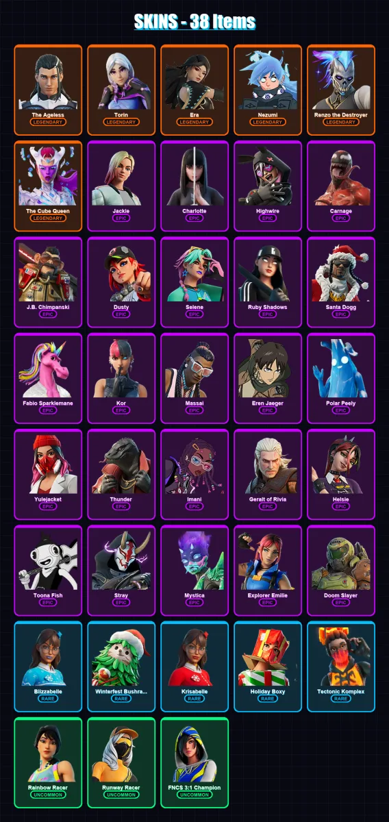 [PC/XBOX/PSN] | The Ageless | Torin | Era | Nezumi | Renzo the Destroyer | 38 skin | 91 pickaxe | 44 emote | 76 glider | Lv1756