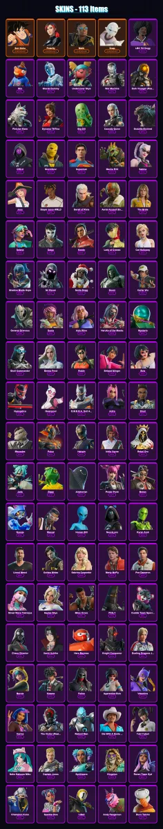 [PC/XBOX] | Son Goku | Polarity | Malik | Snap | LBC '93 Dogg | 113 skin | 154 pickaxe | 99 emote | 99 glider | Lv1454