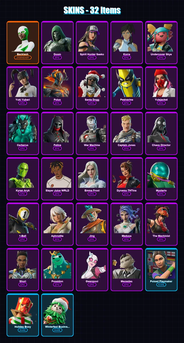 [PC/XBOX/PSN] | Backlash | Doom | Spirit Hunter Saeko | Korra | Undercover Skye | 32 skin | 72 pickaxe | 35 emote | 47 glider | Lv523 — Fortnite account