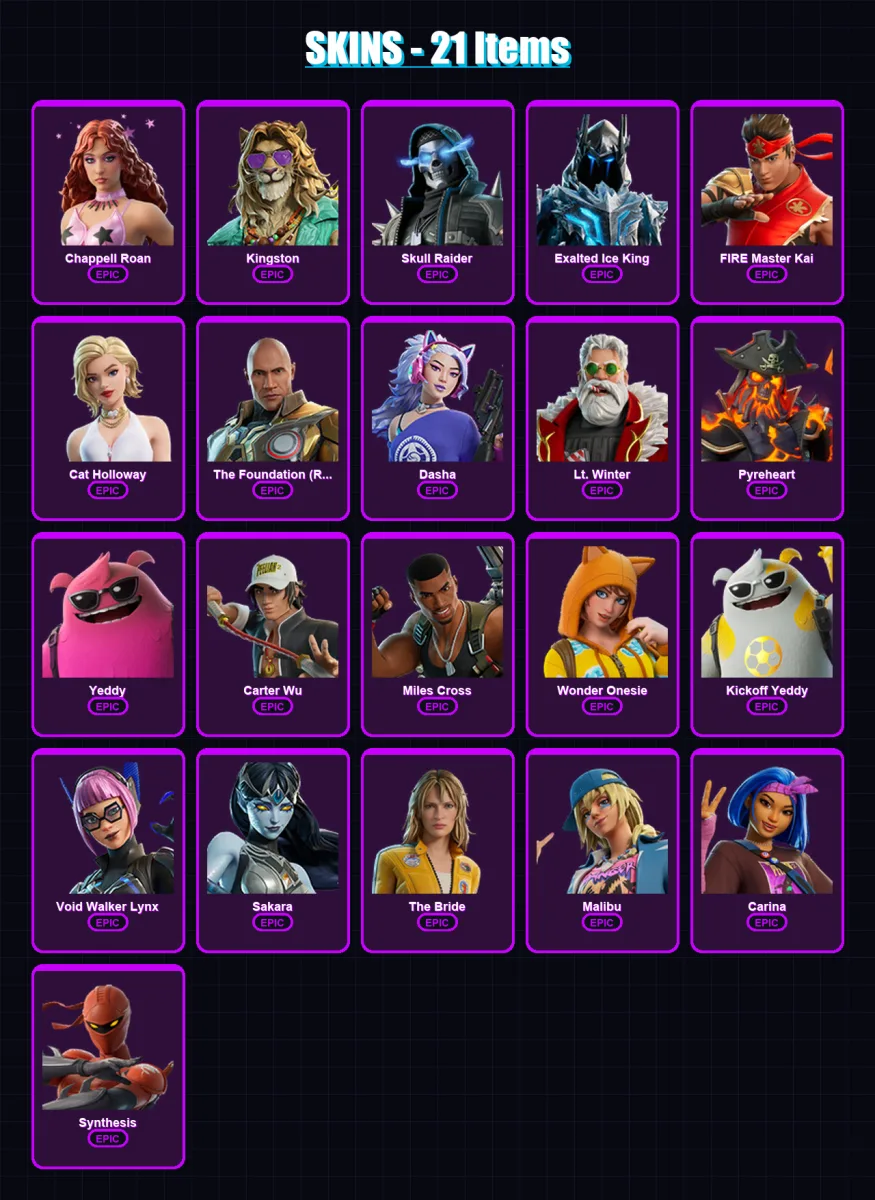 [PC/PSN] | Chappell Roan | Kingston | Skull Raider | Exalted Ice King | FIRE Master Kai | 21 skin | 30 pickaxe | 15 emote | 21 glider | Lv141