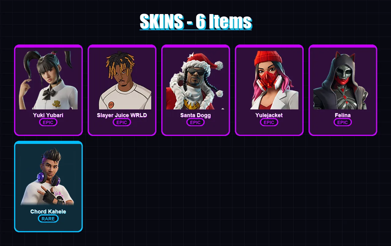 [PS4/PS5/XBOX/PC] | Yuki Yubari | Slayer Juice WRLD | Santa Dogg | Yulejacket | Felina | 6 skin | 24 pickaxe | 9 emote | 12 glider | Lv188