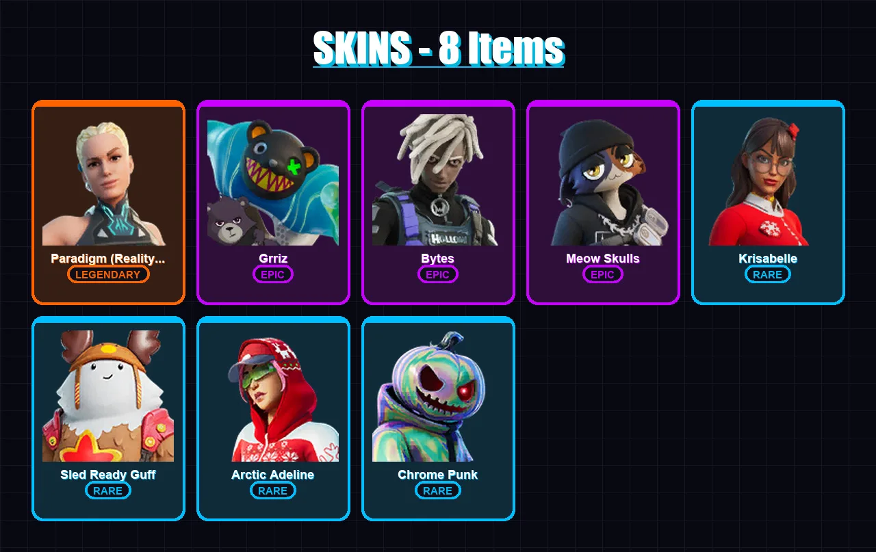 [PS4/PS5/XBOX/PC] | Paradigm (Reality-659) | Grriz | Bytes | Meow Skulls | Krisabelle | 8 skin | 28 pickaxe | 28 emote | 34 glider | Lv684
