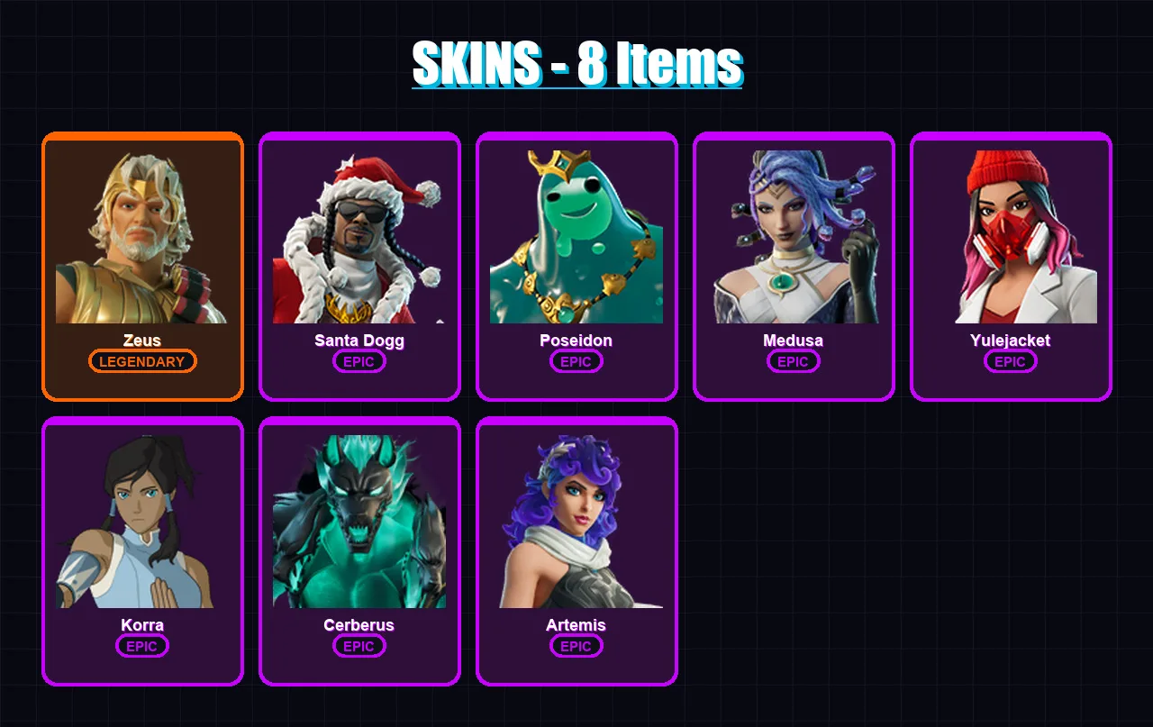 [PC/XBOX/PSN] | Zeus | Santa Dogg | Poseidon | Medusa | Yulejacket | 8 skin | 30 pickaxe | 14 emote | 24 glider | Lv260