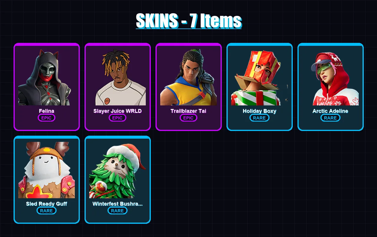 [PS4/PS5/PC] | Felina | Slayer Juice WRLD | Trailblazer Tai | Holiday Boxy | Arctic Adeline | 7 skin | 41 pickaxe | 20 emote | 32 glider | Lv364