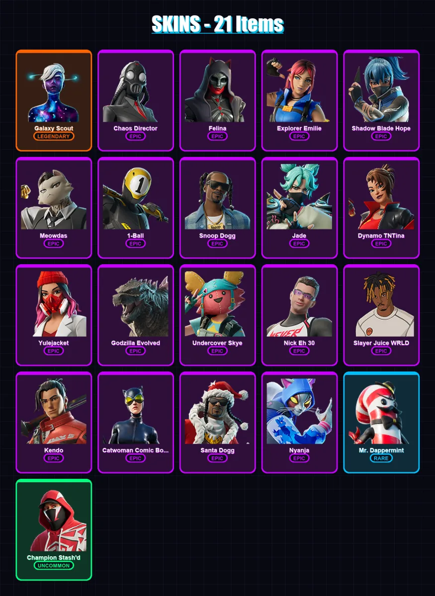 [PC/XBOX] | Galaxy Scout | Chaos Director | Felina | Explorer Emilie | Shadow Blade Hope | 21 skin | 30 pickaxe | 32 emote | 21 glider | Lv191