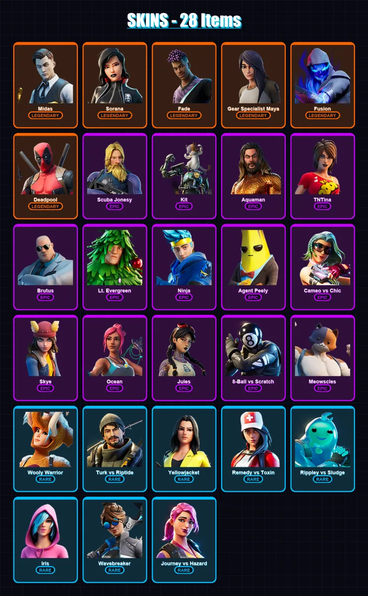 [PC/XBOX/PSN] | Midas | Sorana | Fade | Gear Specialist Maya | Fusion | 28 skin | 29 pickaxe | 24 emote | 28 glider | Lv540