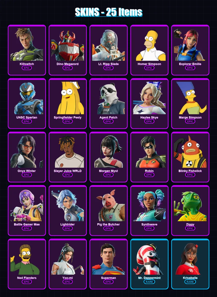 [PC/XBOX/PSN] | Killswitch | Dino Megazord | Lt. Ripp Slade | Homer Simpson | Explorer Emilie | 25 skin | 60 pickaxe | 43 emote | 42 glider | Lv600