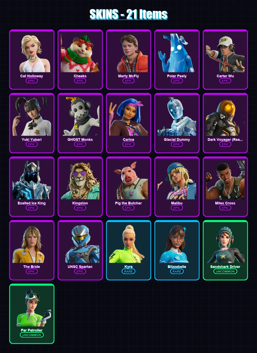 [PC/XBOX/PSN] | Cat Holloway | Cheeks | Marty McFly | Polar Peely | Carter Wu | 21 skin | 51 pickaxe | 26 emote | 28 glider | Lv668