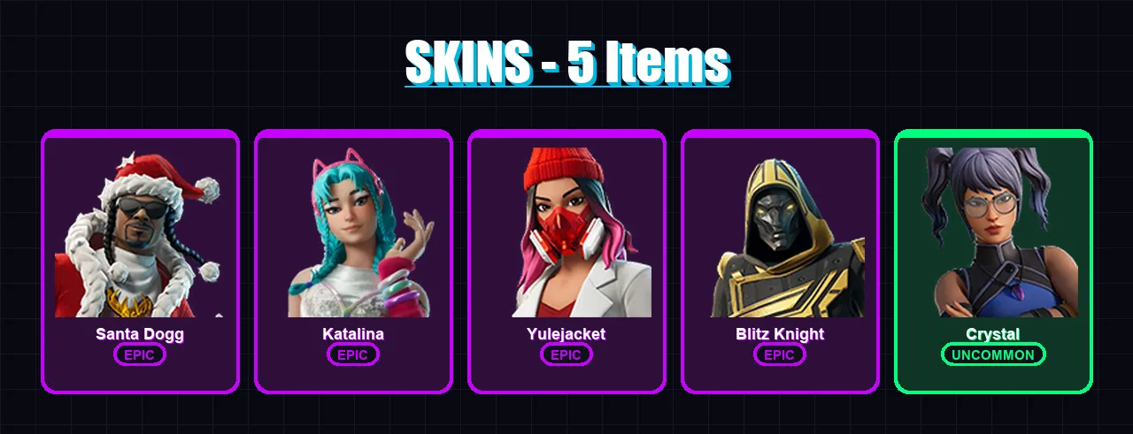 [PS4/PS5/XBOX/PC] | Santa Dogg | Katalina | Yulejacket | Blitz Knight | Crystal | 5 skin | 17 pickaxe | 9 emote | 14 glider | Lv145