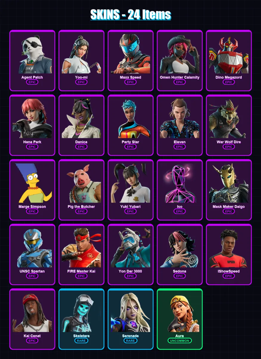 [PC/XBOX/PSN] | Agent Patch | Yoo-mi | Maxx Speed | Omen Hunter Calamity | Dino Megazord | 24 skin | 29 pickaxe | 16 emote | 10 glider | Lv99