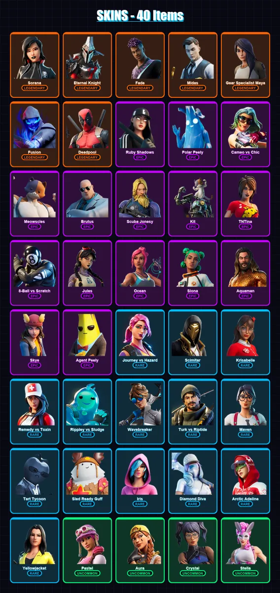 [PC/XBOX] | Sorana | Eternal Knight | Fade | Midas | Gear Specialist Maya | 40 skin | 44 pickaxe | 51 emote | 39 glider | Lv636