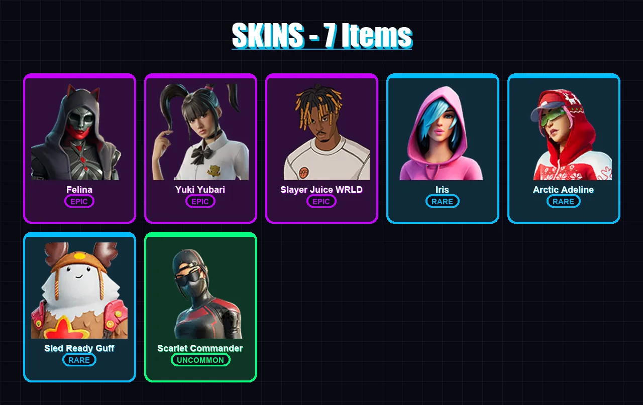 [PC/XBOX] | Felina | Yuki Yubari | Slayer Juice WRLD | Iris | Arctic Adeline | 7 skin | 38 pickaxe | 18 emote | 32 glider | Lv477