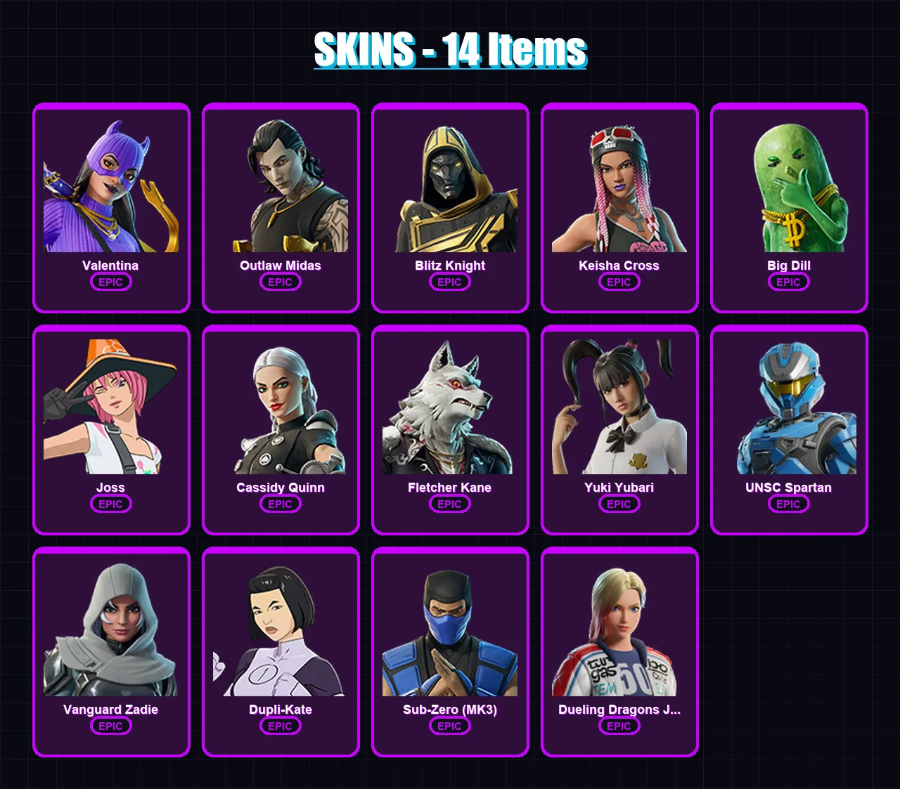 [PS4/PS5/XBOX/PC] | Valentina | Outlaw Midas | Blitz Knight | Keisha Cross | Big Dill | 14 skin | 72 pickaxe | 40 emote | 48 glider | Lv780