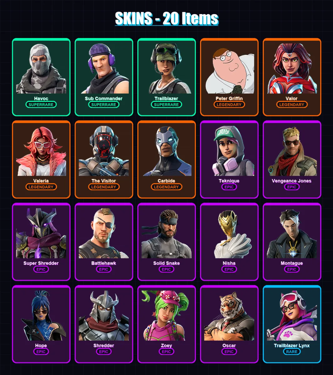 [PC/XBOX/PSN] | Havoc | Sub Commander | Trailblazer | Peter Griffin | Valor | 20 skin | 19 pickaxe | 25 emote | 17 glider | Lv253