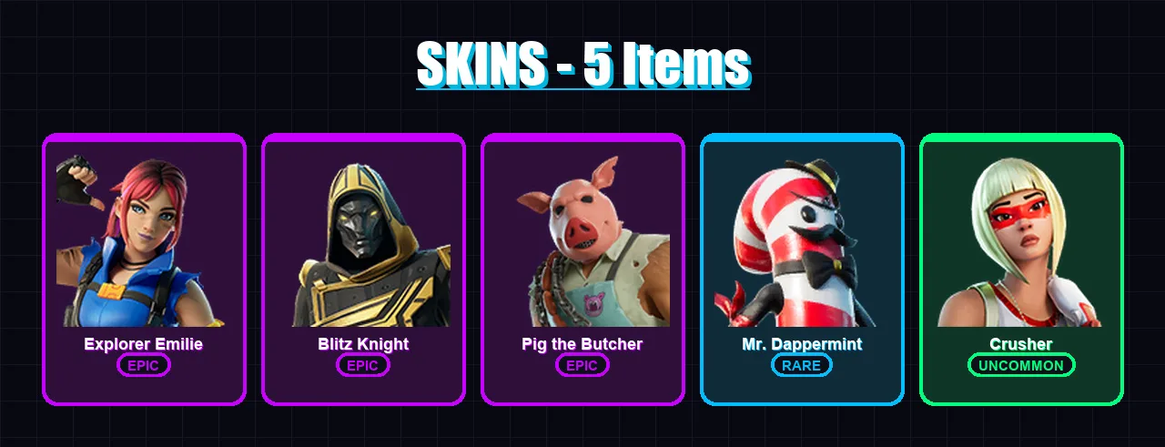 [PS4/PS5/XBOX/PC] | Explorer Emilie | Blitz Knight | Pig the Butcher | Mr. Dappermint | Crusher | 5 skin | 25 pickaxe | 9 emote | 19 glider | Lv153