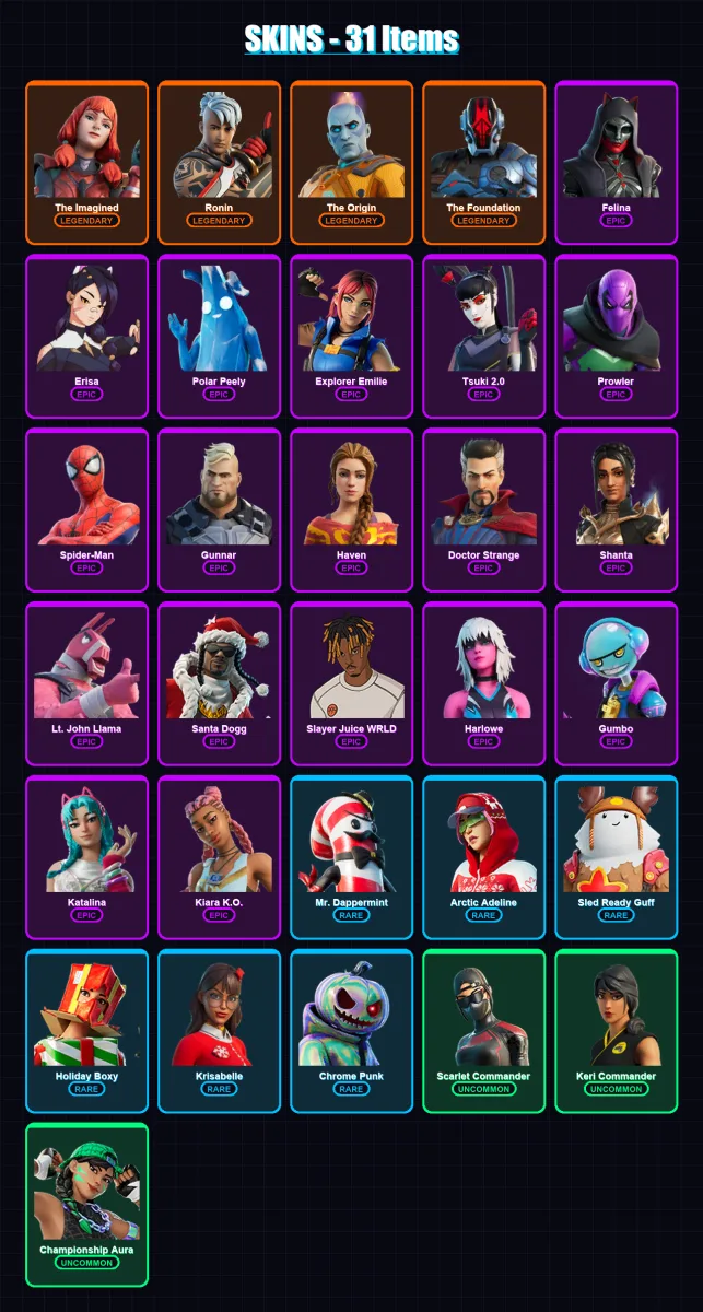 [PC/XBOX] | The Imagined | Ronin | The Origin | The Foundation | Felina | 31 skin | 48 pickaxe | 30 emote | 37 glider | Lv563