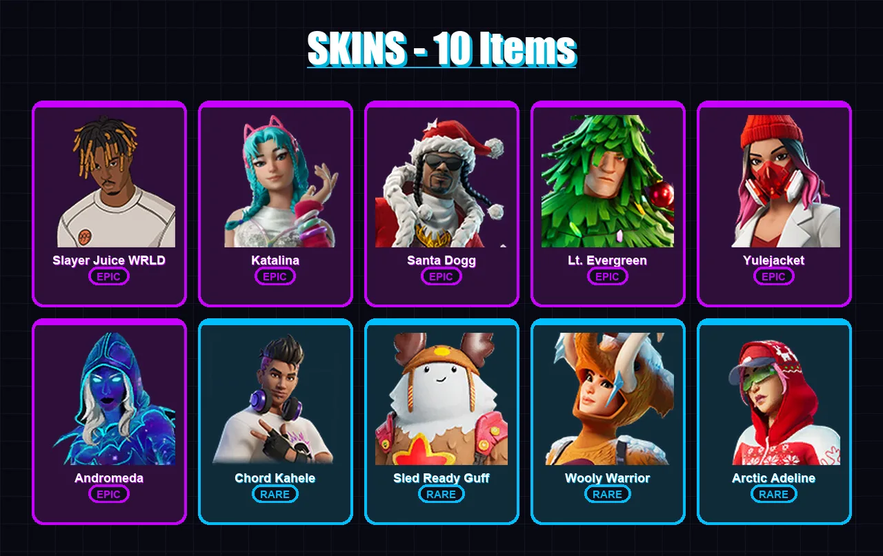 [PC/XBOX/PSN] | Slayer Juice WRLD | Katalina | Santa Dogg | Lt. Evergreen | Yulejacket | 10 skin | 42 pickaxe | 23 emote | 33 glider | Lv458