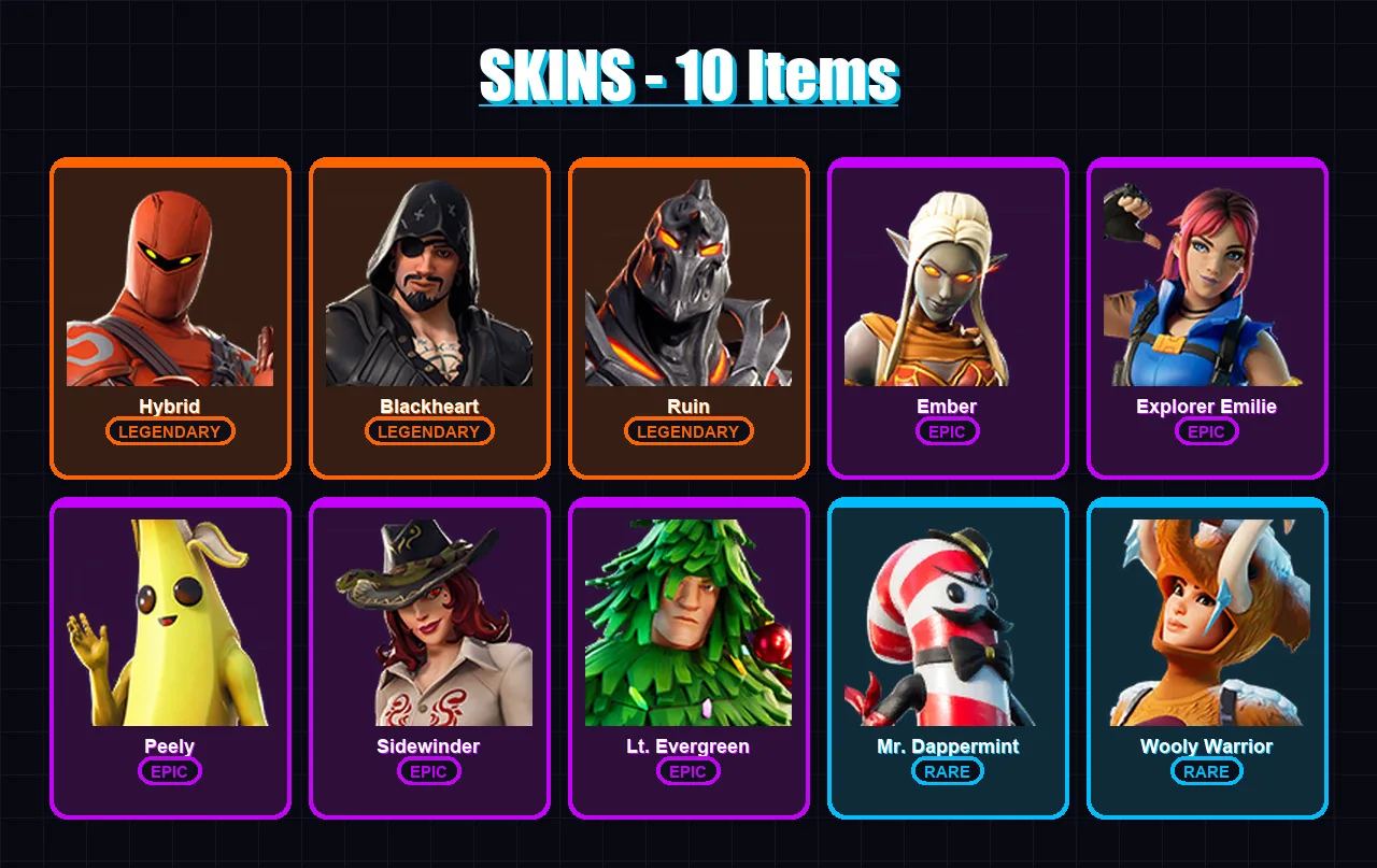 [PC/XBOX/PSN] | Hybrid | Blackheart | Ruin | Ember | Explorer Emilie | 10 skin | 20 pickaxe | 24 emote | 19 glider | Lv345
