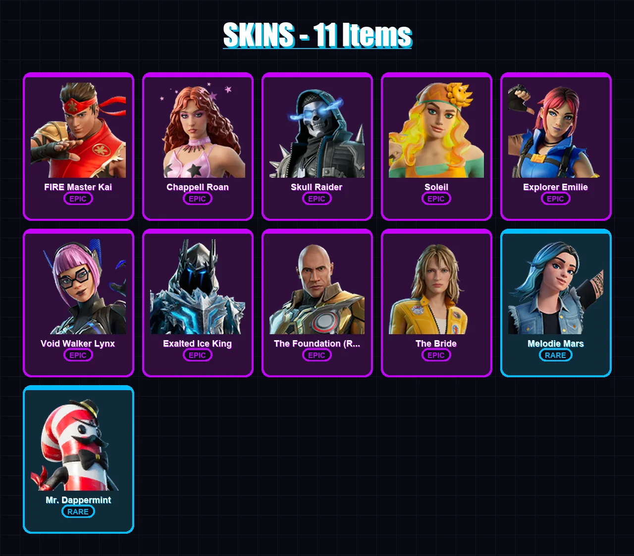 [PC/PSN] | FIRE Master Kai | Chappell Roan | Skull Raider | Soleil | Explorer Emilie | 11 skin | 10 pickaxe | 6 emote | 3 glider | Lv22