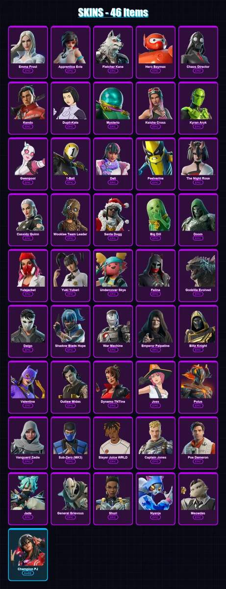 [PC/PSN] | Emma Frost | Apprentice Evie | Fletcher Kane | Hero Baymax | Chaos Director | 46 skin | 80 pickaxe | 53 emote | 50 glider | Lv670