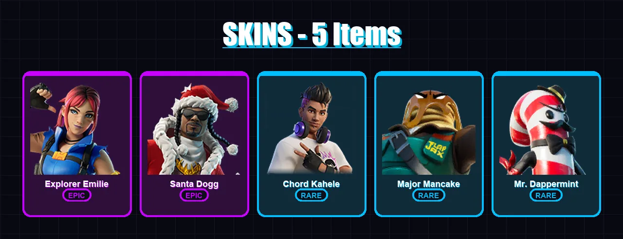 [PC/XBOX/PSN] | Explorer Emilie | Santa Dogg | Chord Kahele | Major Mancake | Mr. Dappermint | 5 skin | 5 pickaxe | 1 emote | 4 glider | Lv20