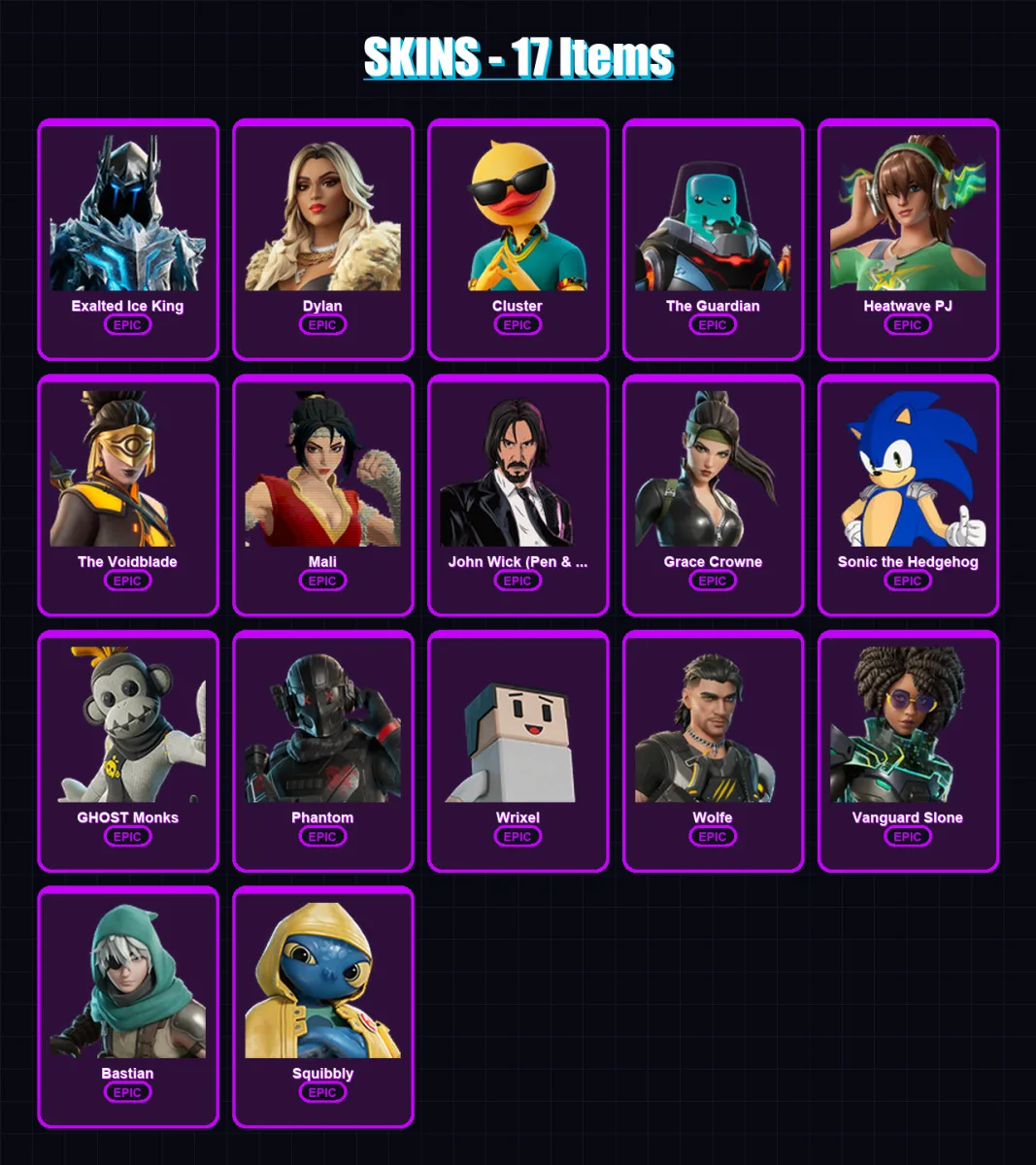 [PC/XBOX/PSN] | Exalted Ice King | Dylan | Cluster | The Guardian | Heatwave PJ | 17 skin | 28 pickaxe | 18 emote | 24 glider | Lv295
