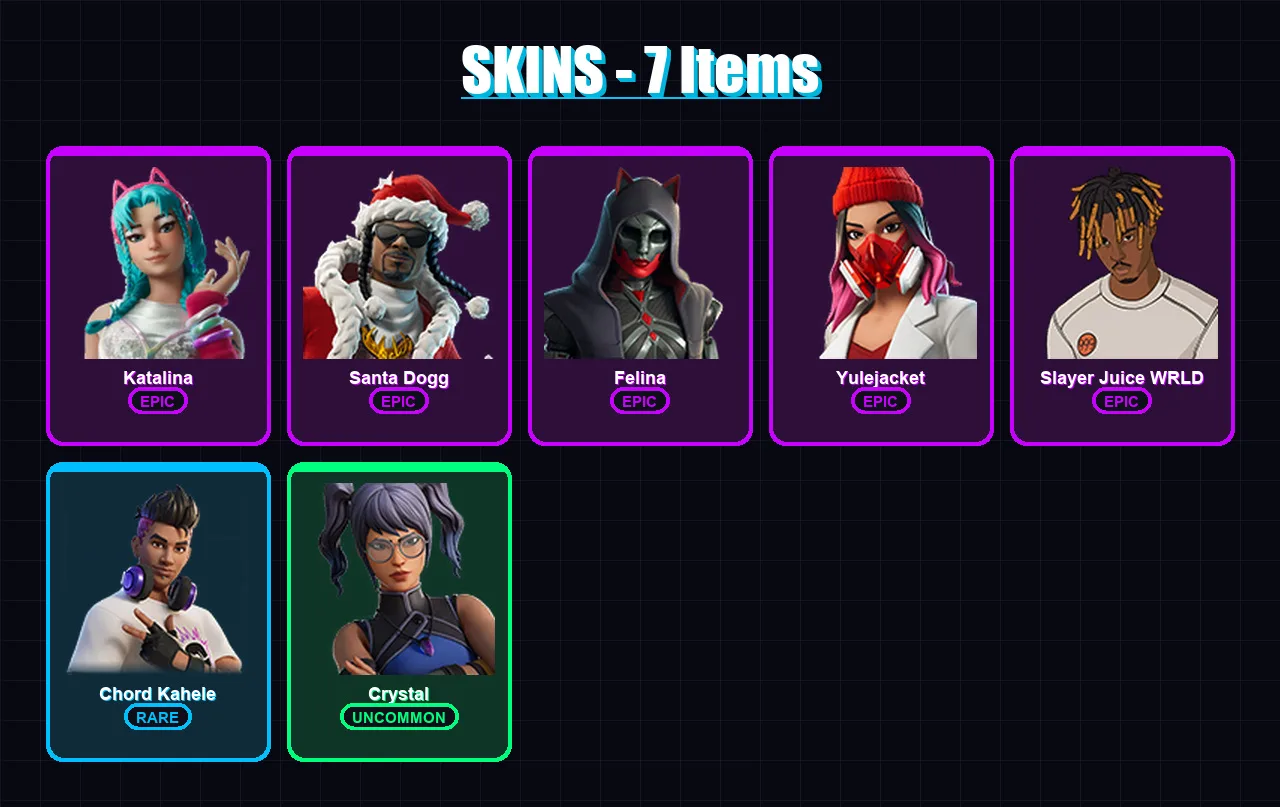 [PC/XBOX/PSN] | Katalina | Santa Dogg | Felina | Yulejacket | Slayer Juice WRLD | 7 skin | 50 pickaxe | 19 emote | 27 glider | Lv353