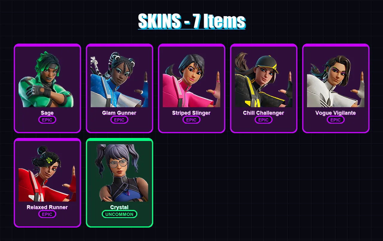 [PS4/PS5/XBOX/PC] | Sage | Glam Gunner | Striped Slinger | Chill Challenger | Vogue Vigilante | 7 skin | 18 pickaxe | 11 emote | 18 glider | Lv400