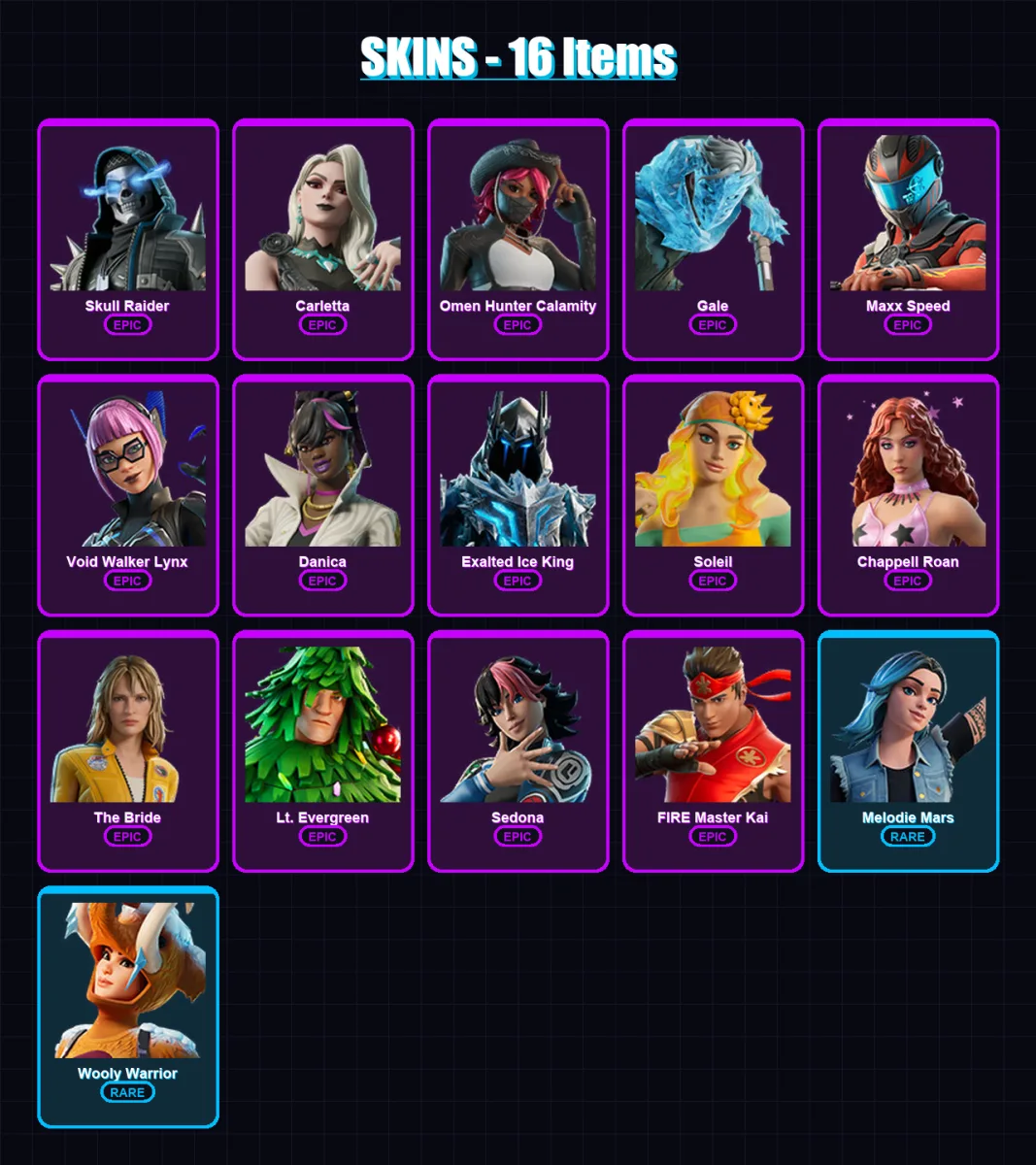 [PC/PSN] | Skull Raider | Carletta | Omen Hunter Calamity | Gale | Maxx Speed | 16 skin | 15 pickaxe | 6 emote | 10 glider | Lv100