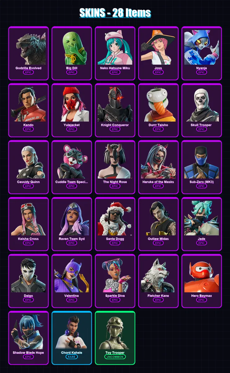 [PC/XBOX/PSN] | Godzilla Evolved | Big Dill | Neko Hatsune Miku | Joss | Nyanja | 28 skin | 36 pickaxe | 31 emote | 26 glider | Lv548 — Fortnite account