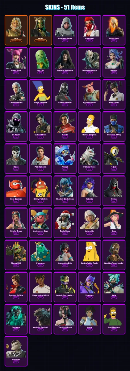[PC/XBOX/PSN] | Zeus | Hades | Vanguard Zadie | Yulejacket | Ghost Rider | 51 skin | 122 pickaxe | 70 emote | 81 glider | Lv1609 — Fortnite account