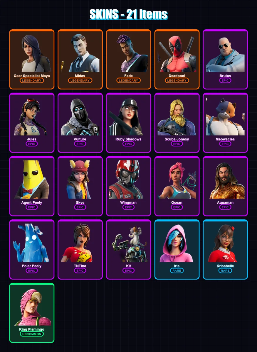 [PC/XBOX/PSN] | Gear Specialist Maya | Midas | Fade | Deadpool | Brutus | 21 skin | 25 pickaxe | 21 emote | 24 glider | Lv375
